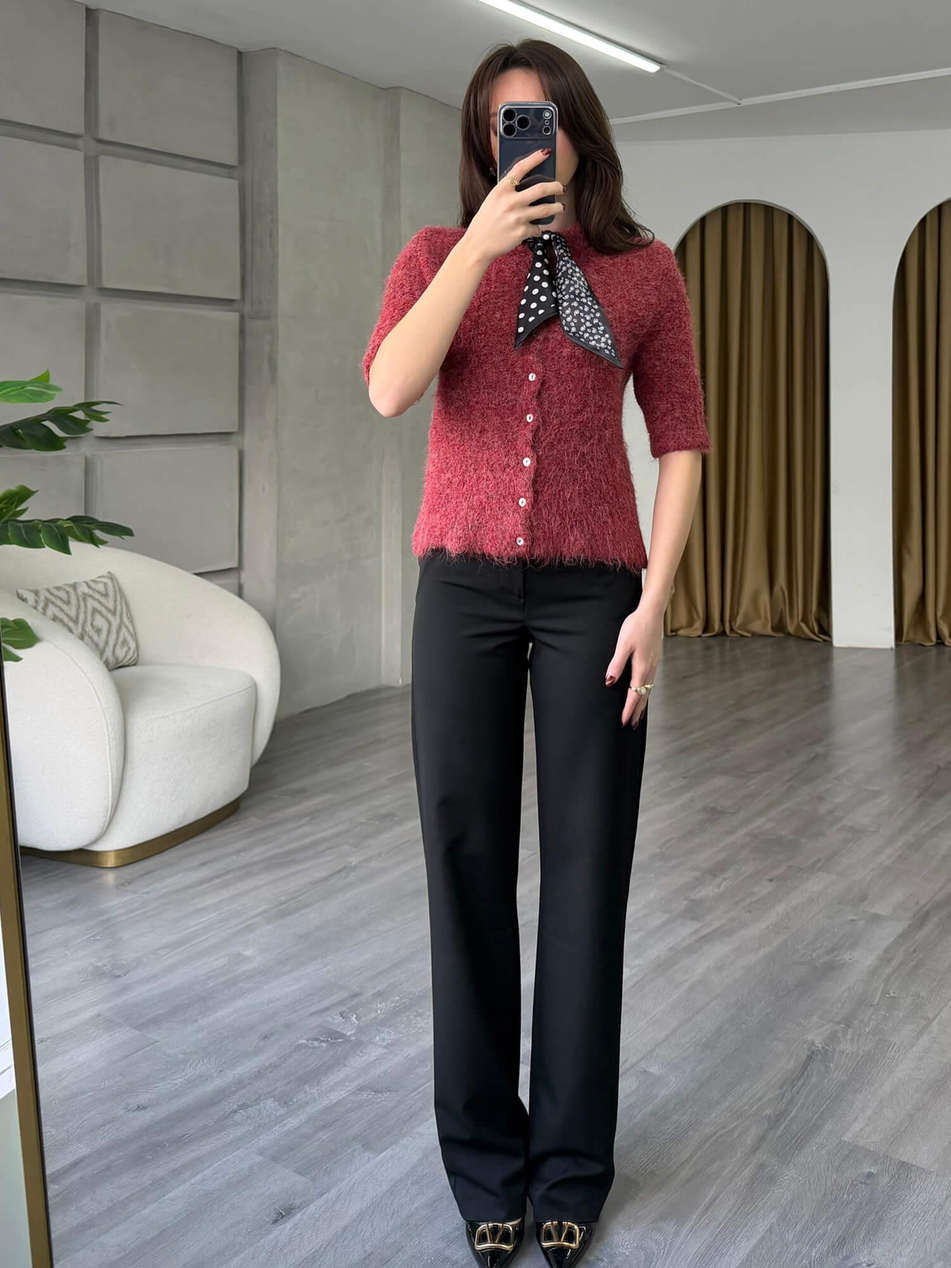 Fularlı Düğmeli Kısa Hırka 3193 BordoCoral