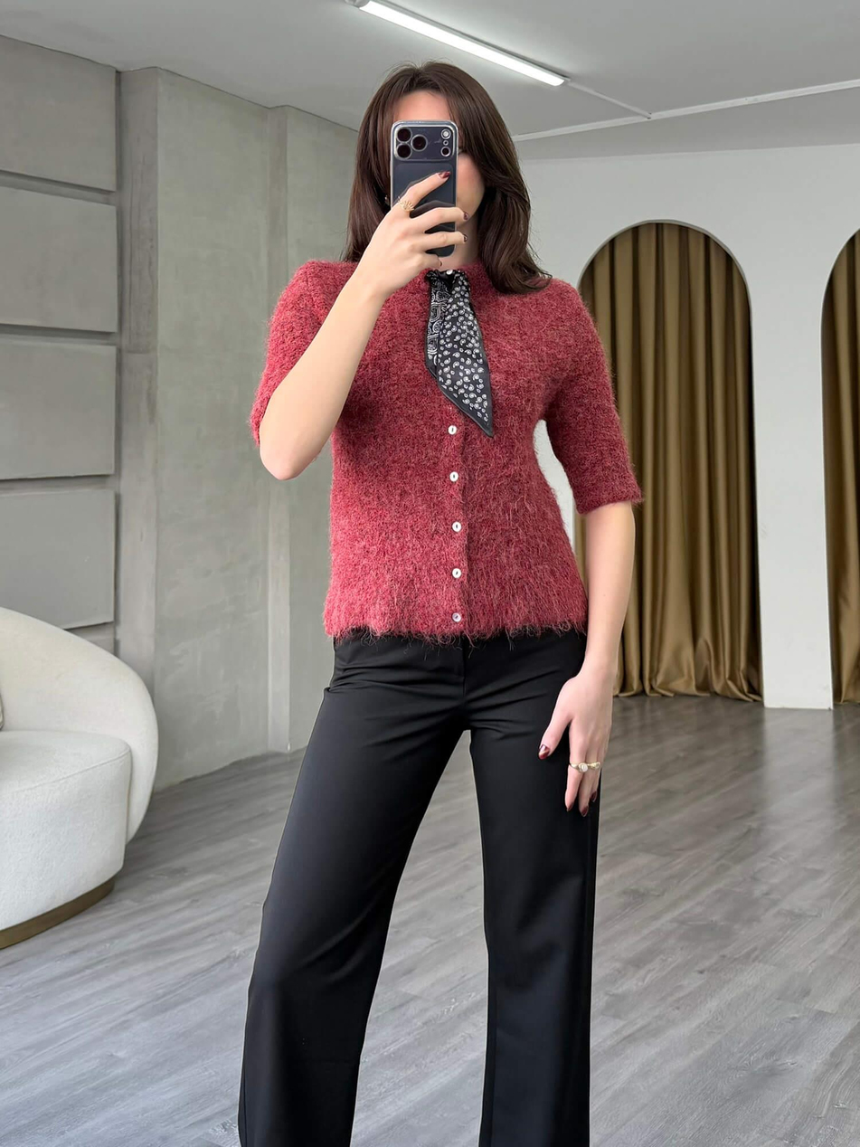Fularlı Düğmeli Kısa Hırka 3193 BordoCoral