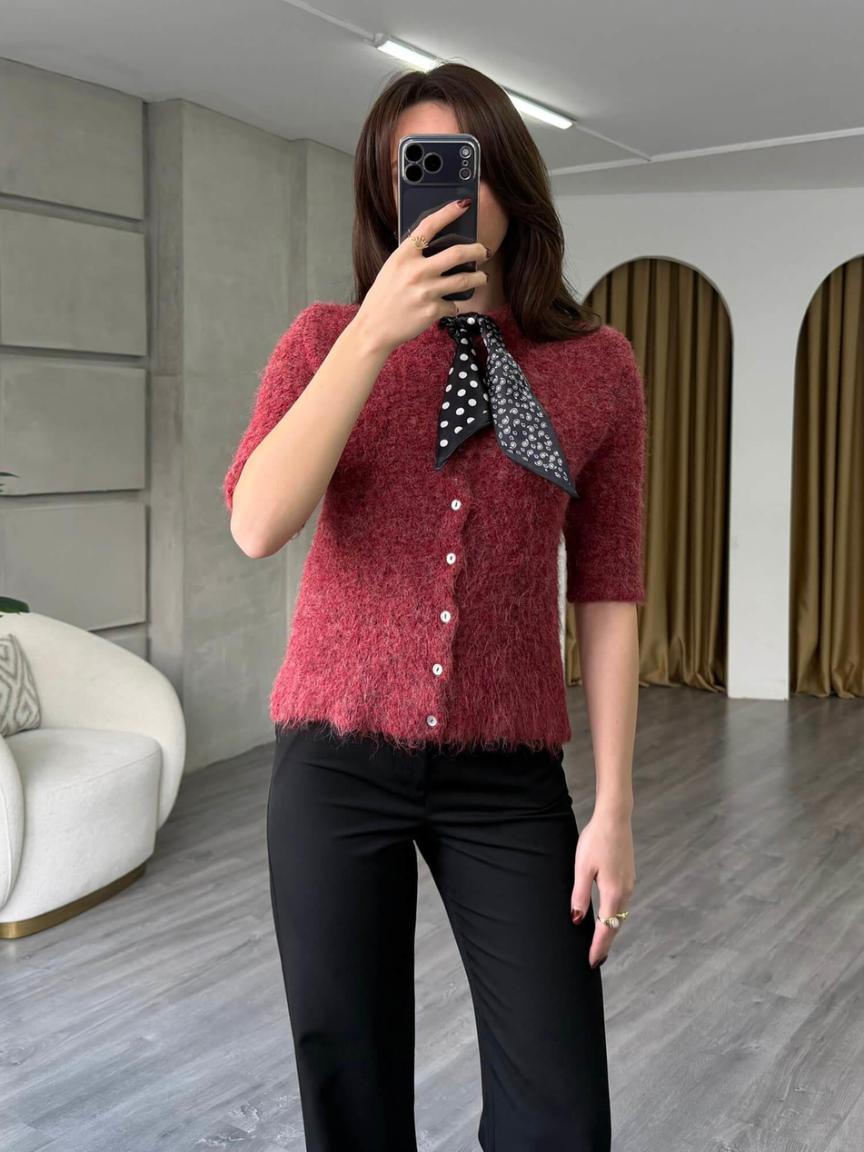 Fularlı Düğmeli Kısa Hırka 3193 Bordo