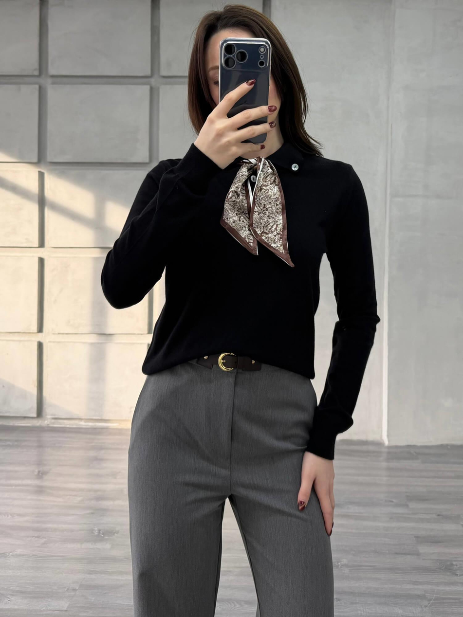 Fularlı Gömlek Yaka Triko 140518 SiyahCoral