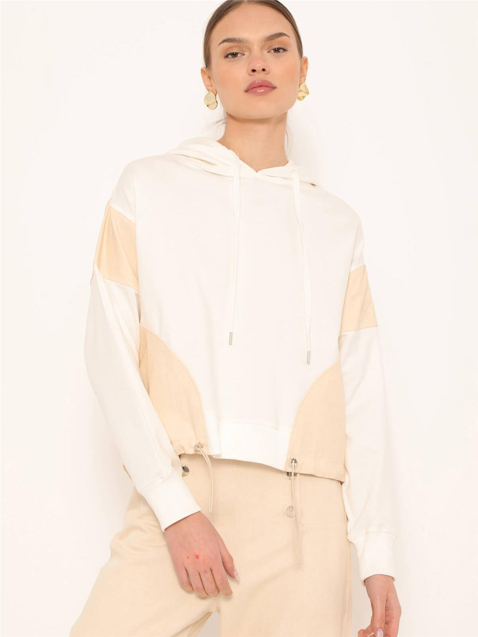 Garnili Kapüşonlu Sweatshirt Ekru-Coral