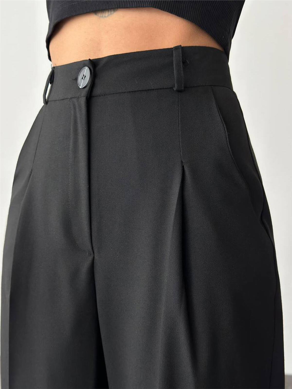 Geniş Duble Paça Pantolon Siyah-Coral