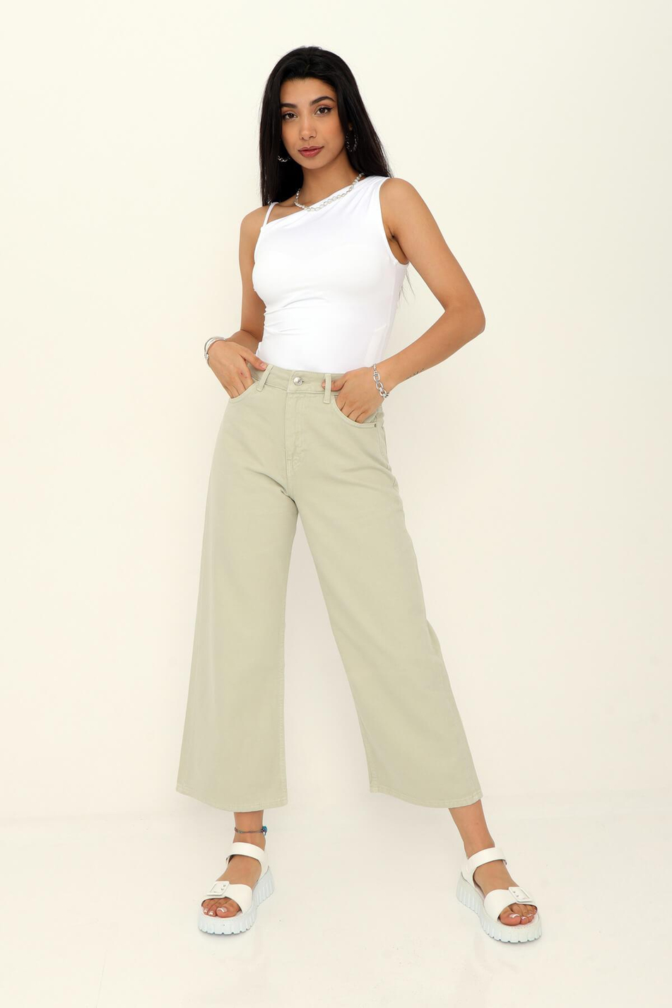 Geniş Gabardin Pantolon Mint Yeşili-Coral