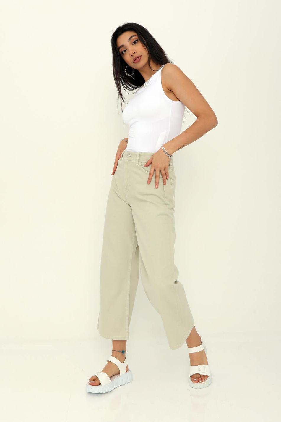 Geniş Gabardin Pantolon Mint Yeşili-Coral