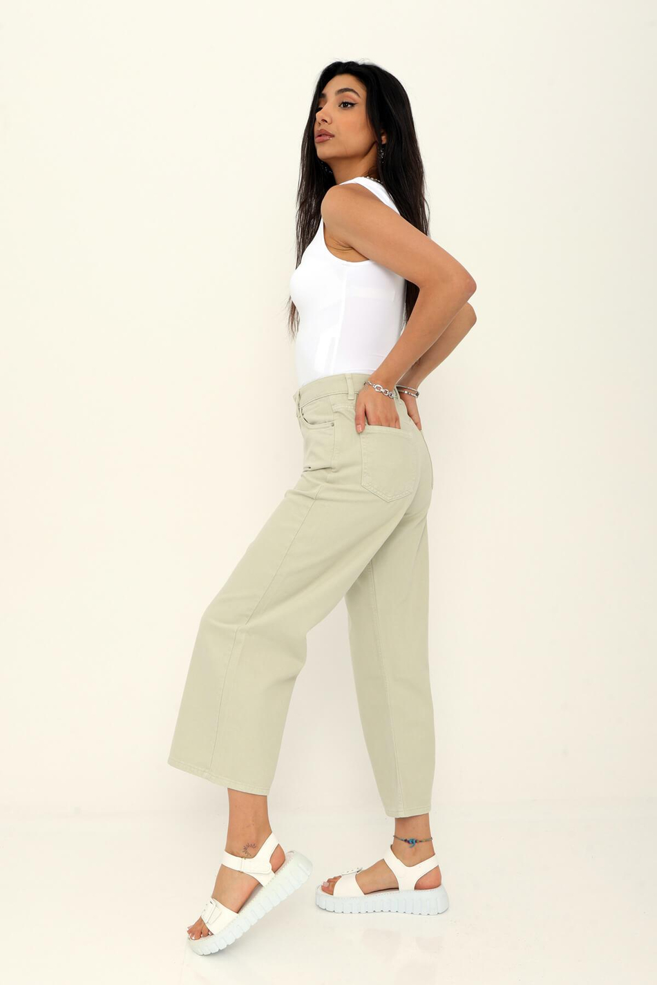 Geniş Gabardin Pantolon Mint Yeşili-Coral