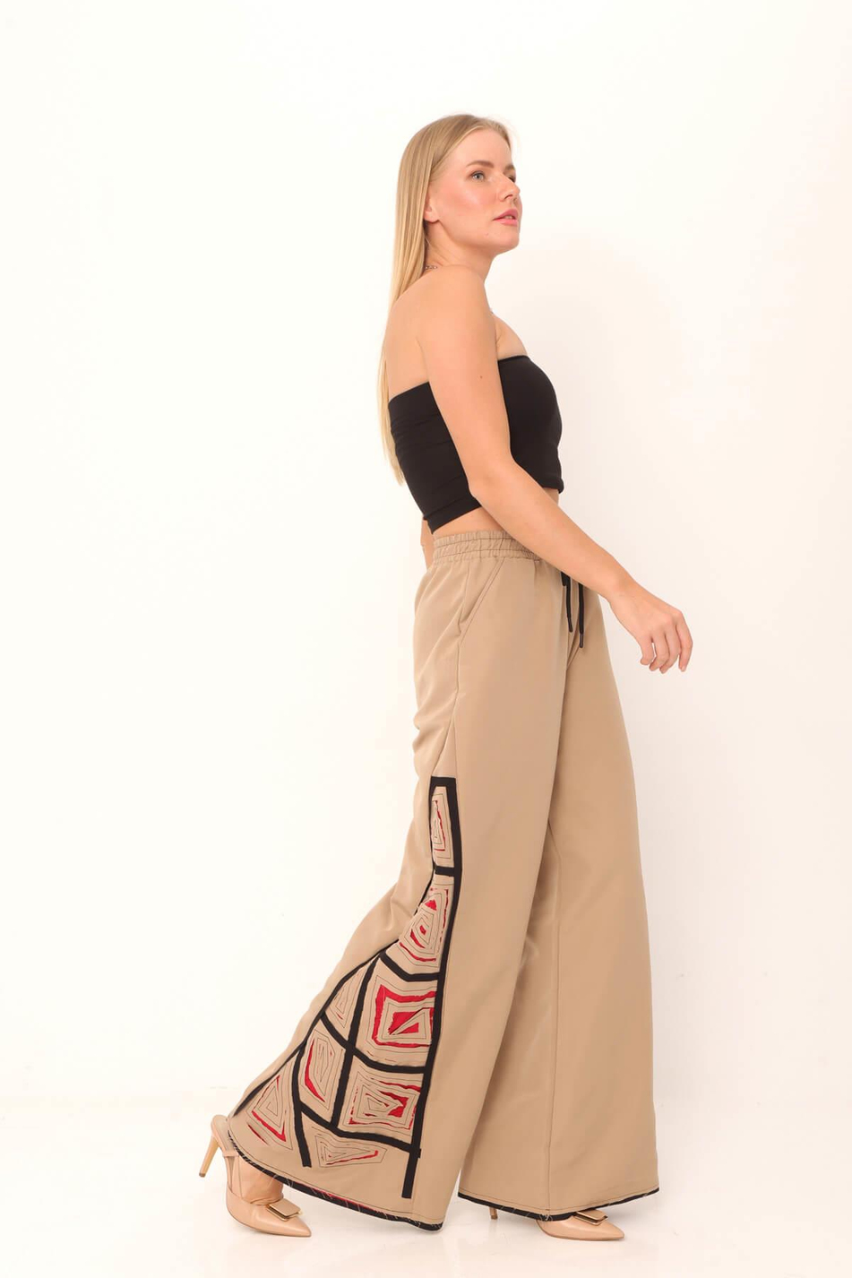 Geniş Paçalı Parçalı Pantolon Bej - Kırmızı-Coral