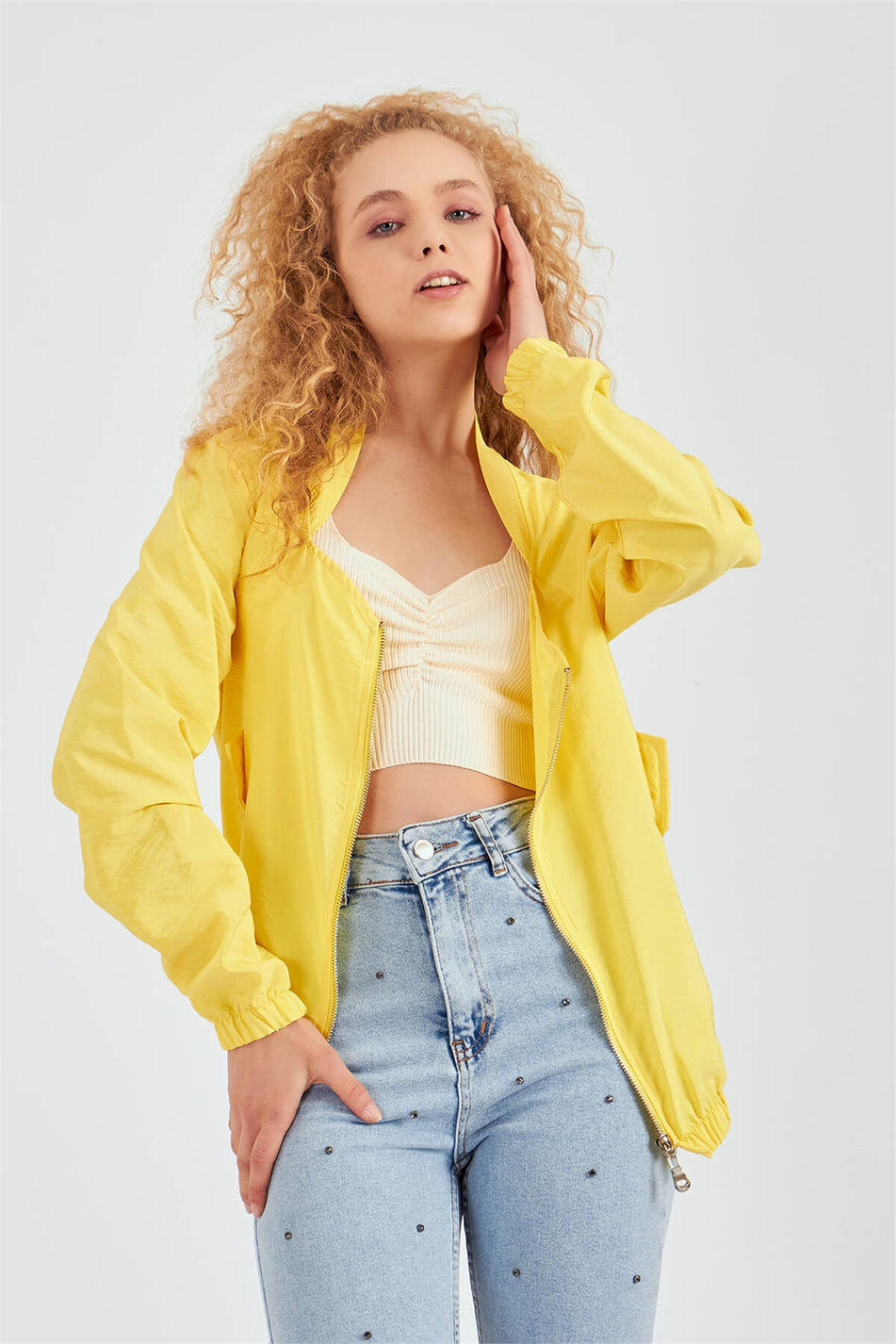 Geniş Yaka Bomber Ceket Sarı-Coral
