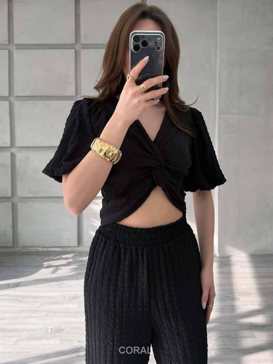 Gipeli Kumaşlı Düğümlü Bluz 1088 SiyahCoral