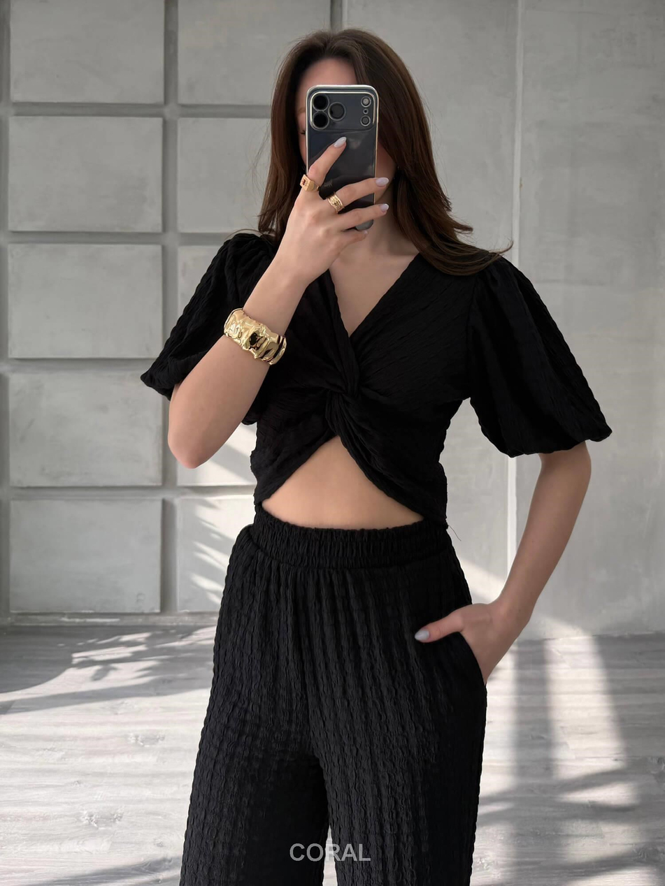Gipeli Kumaşlı Düğümlü Bluz 1088 SiyahCoral