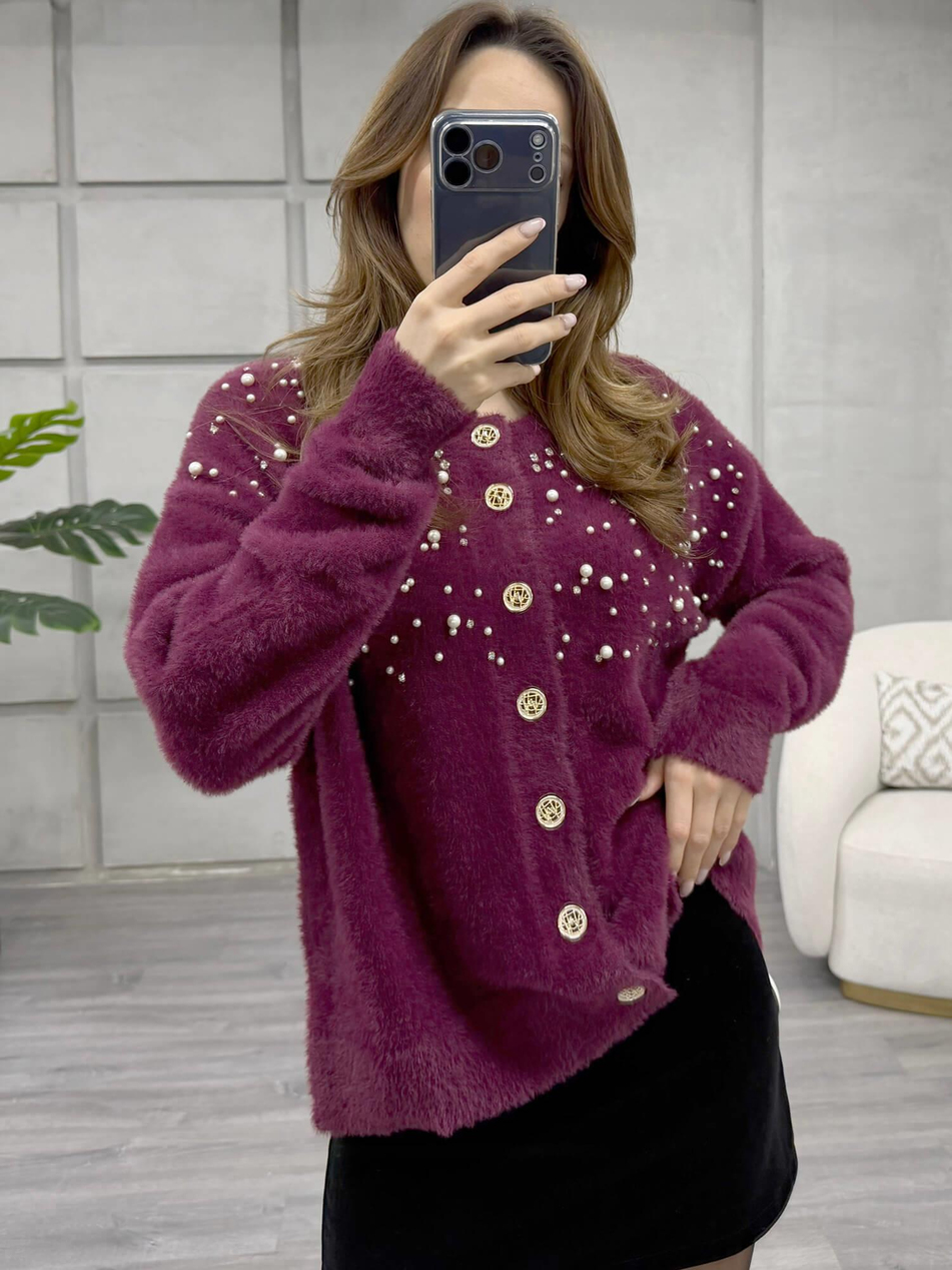 Göğsü İnci Ve Taşlı Peluş Hırka 7584 BordoCoral