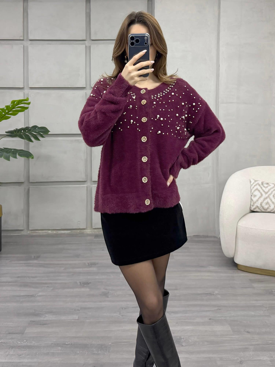 Göğsü İnci Ve Taşlı Peluş Hırka 7584 BordoCoral