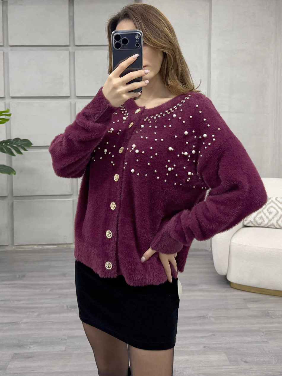 Göğsü İnci Ve Taşlı Peluş Hırka 7584 BordoCoral