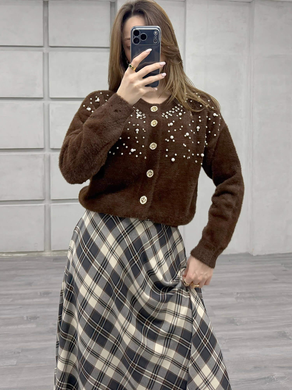 Göğsü İnci Ve Taşlı Peluş Hırka 7584 KahveCoral