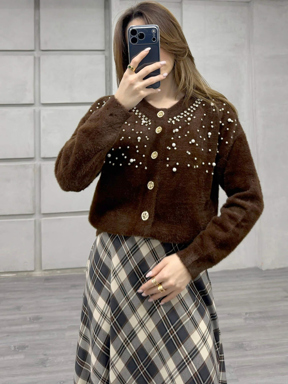 Göğsü İnci Ve Taşlı Peluş Hırka 7584 KahveCoral