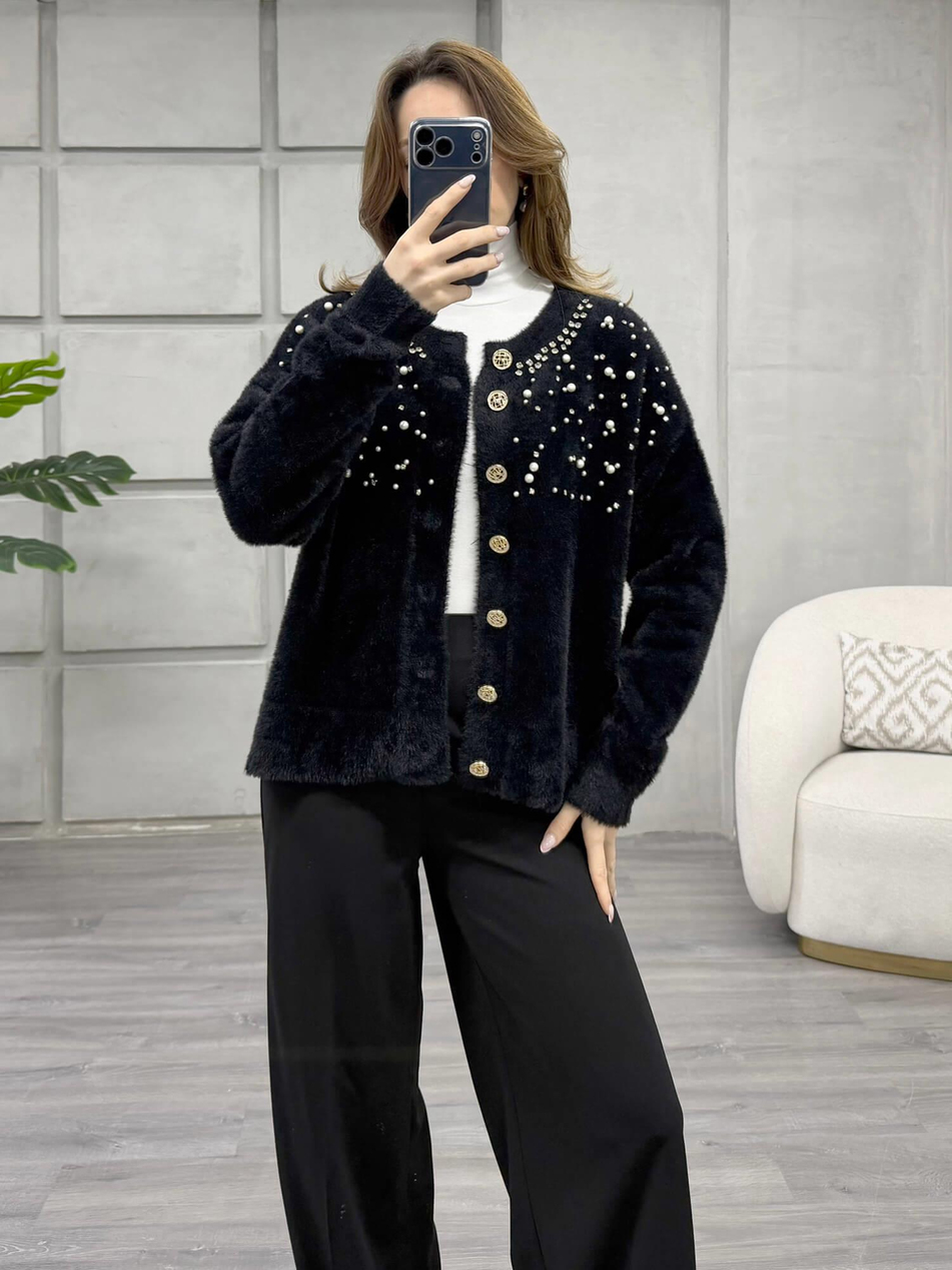 Göğsü İnci Ve Taşlı Peluş Hırka 7584 SiyahCoral