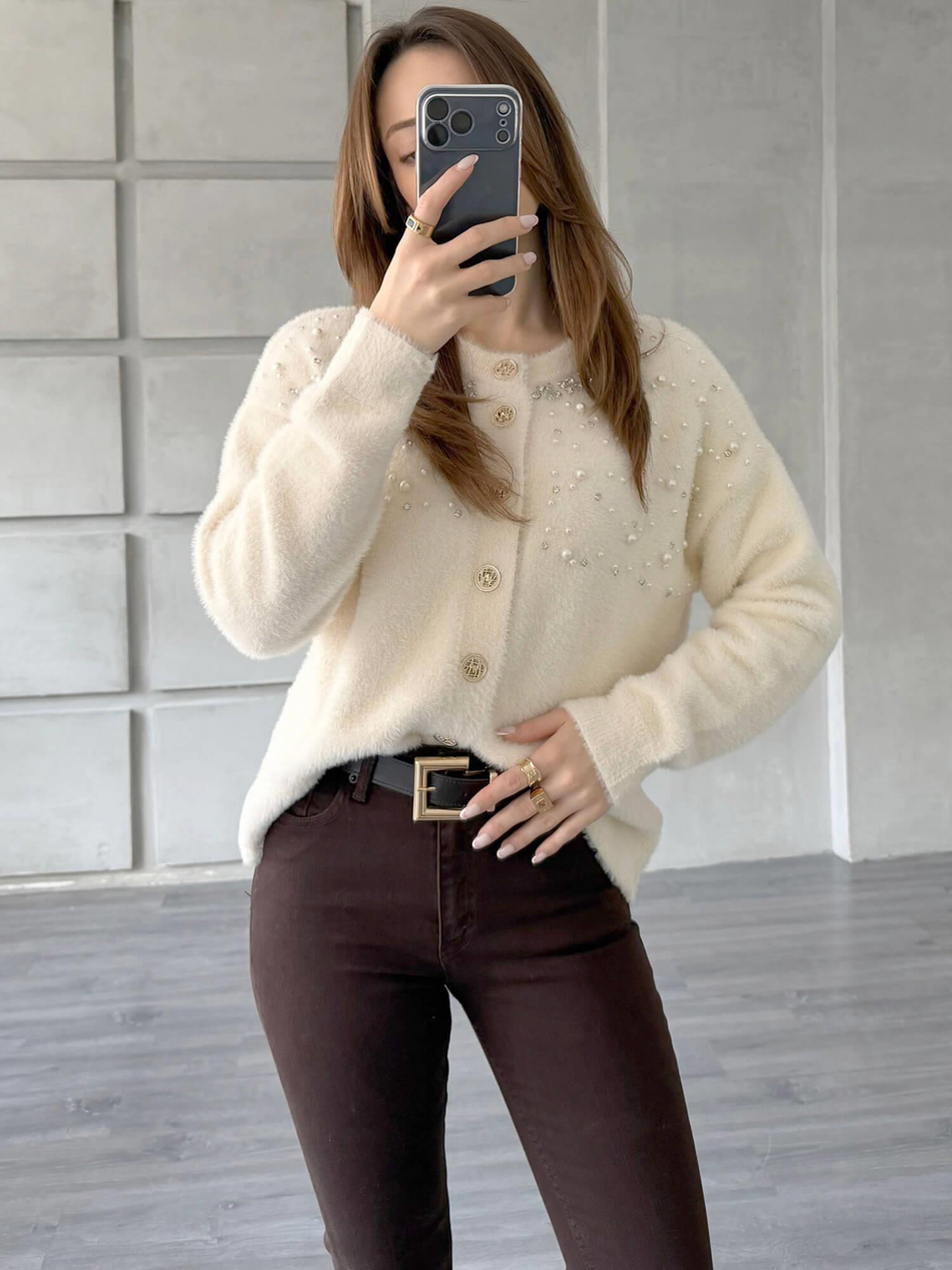 Göğsü İnci Ve Taşlı Peluş Hırka 7584 VanilyaCoral