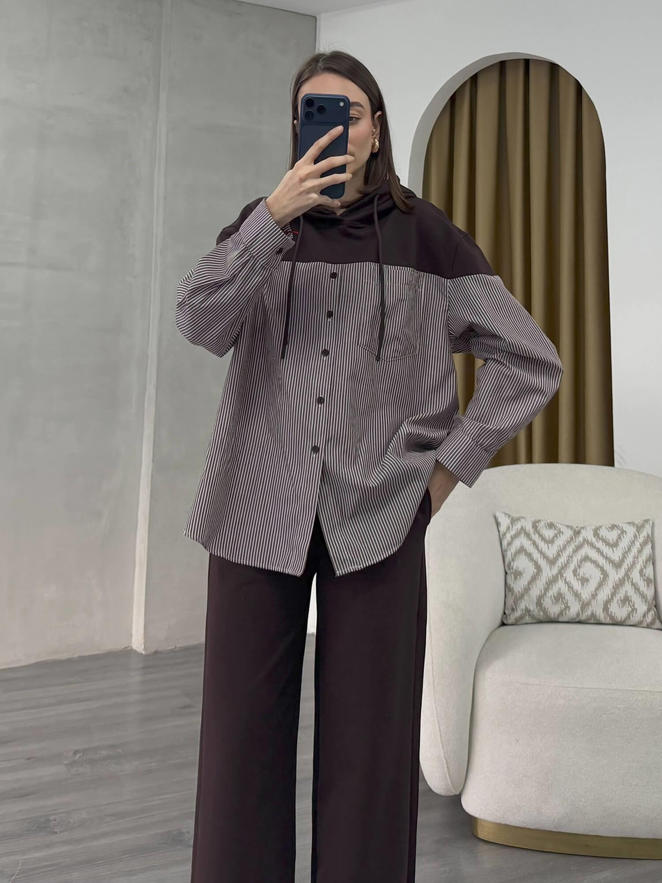 Gömlek Garnili Takım 37056 Kahve - EkruCoral