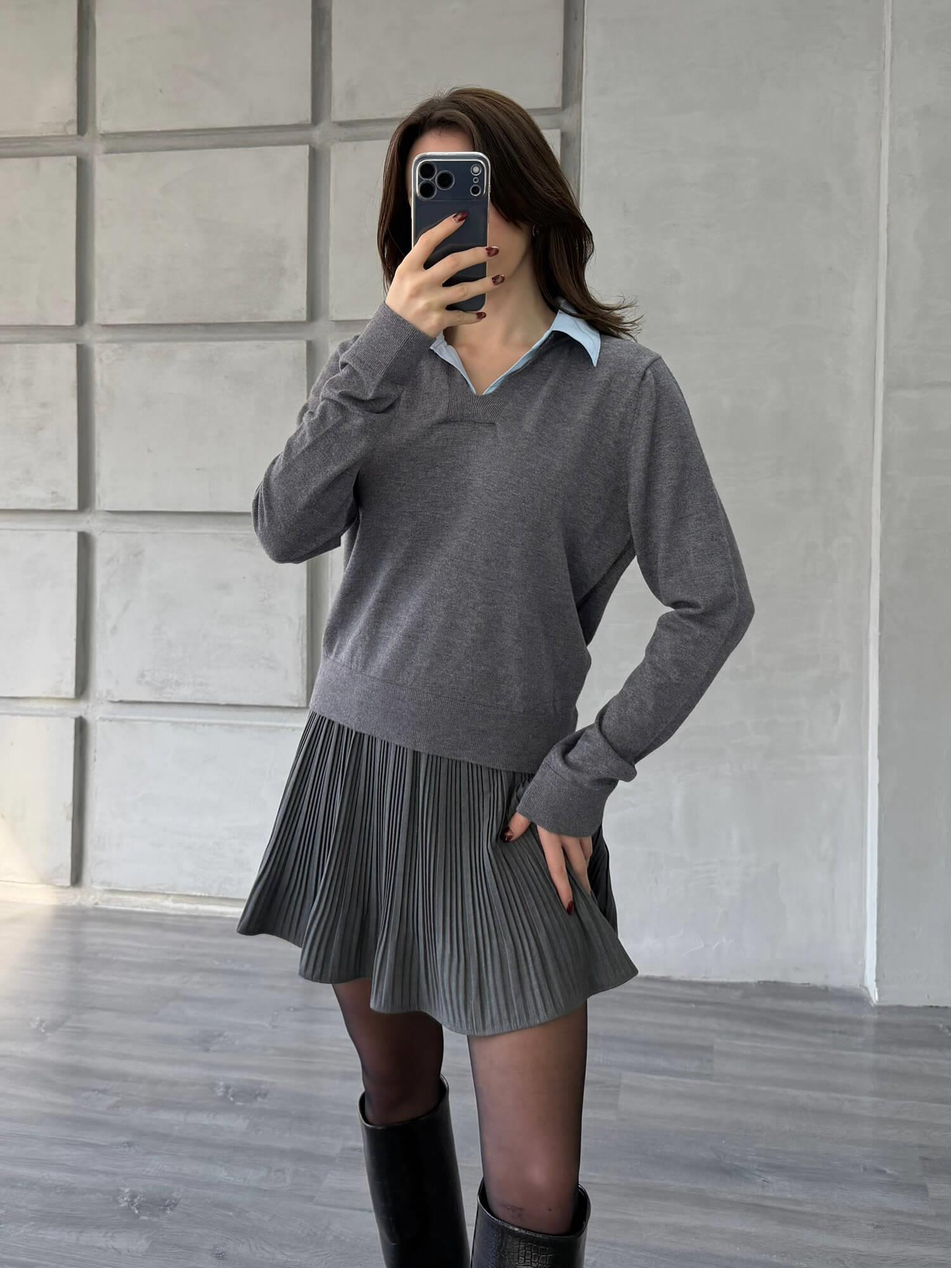 Gömlek Yakalı Kazak 145305 Gri - MaviCoral