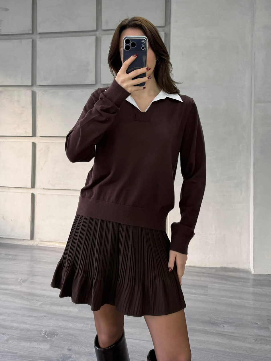 Gömlek Yakalı Kazak 145305 Kahve - KemikCoral