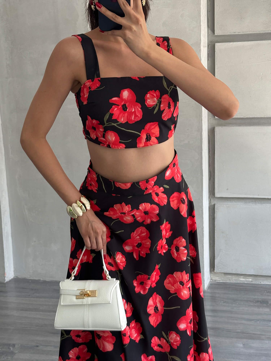 Güllü Etek Bluz Takım KırmızıCoral