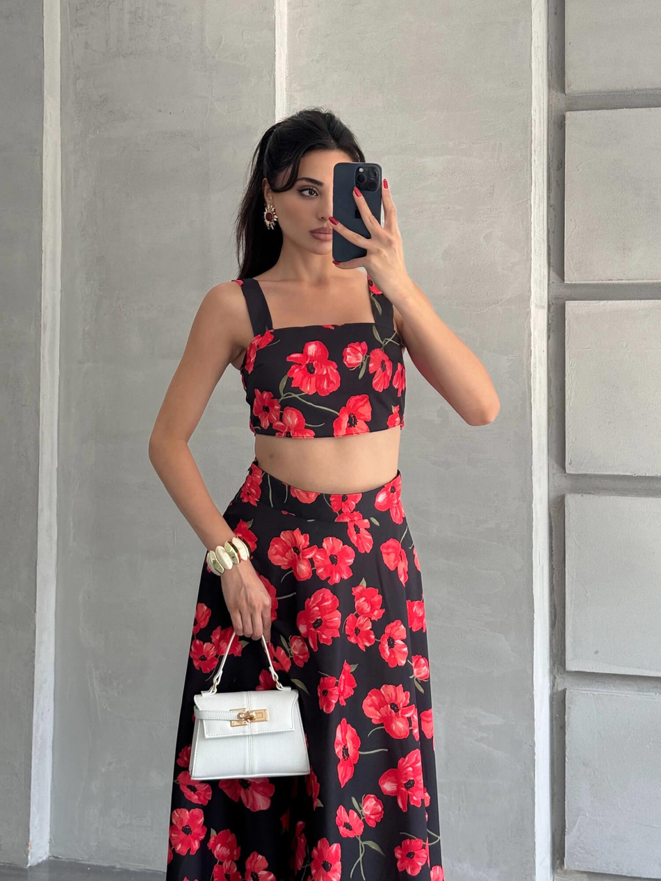 Güllü Etek Bluz Takım Kırmızı