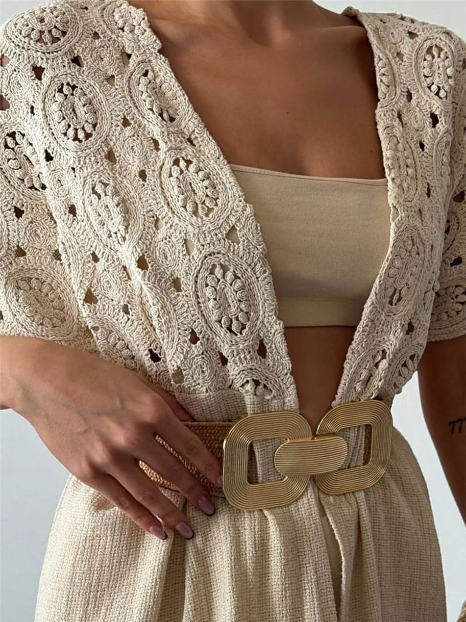 Güpür Detaylı Uzun Keten Kimono Naturel-Coral