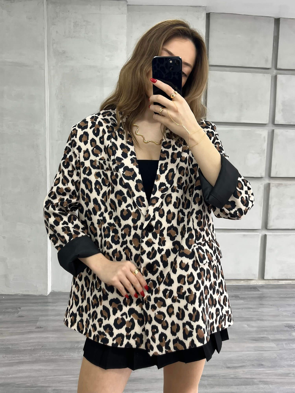 İki Düğmeli Leopar Desenli Ceket Kahve - Siyah-Coral