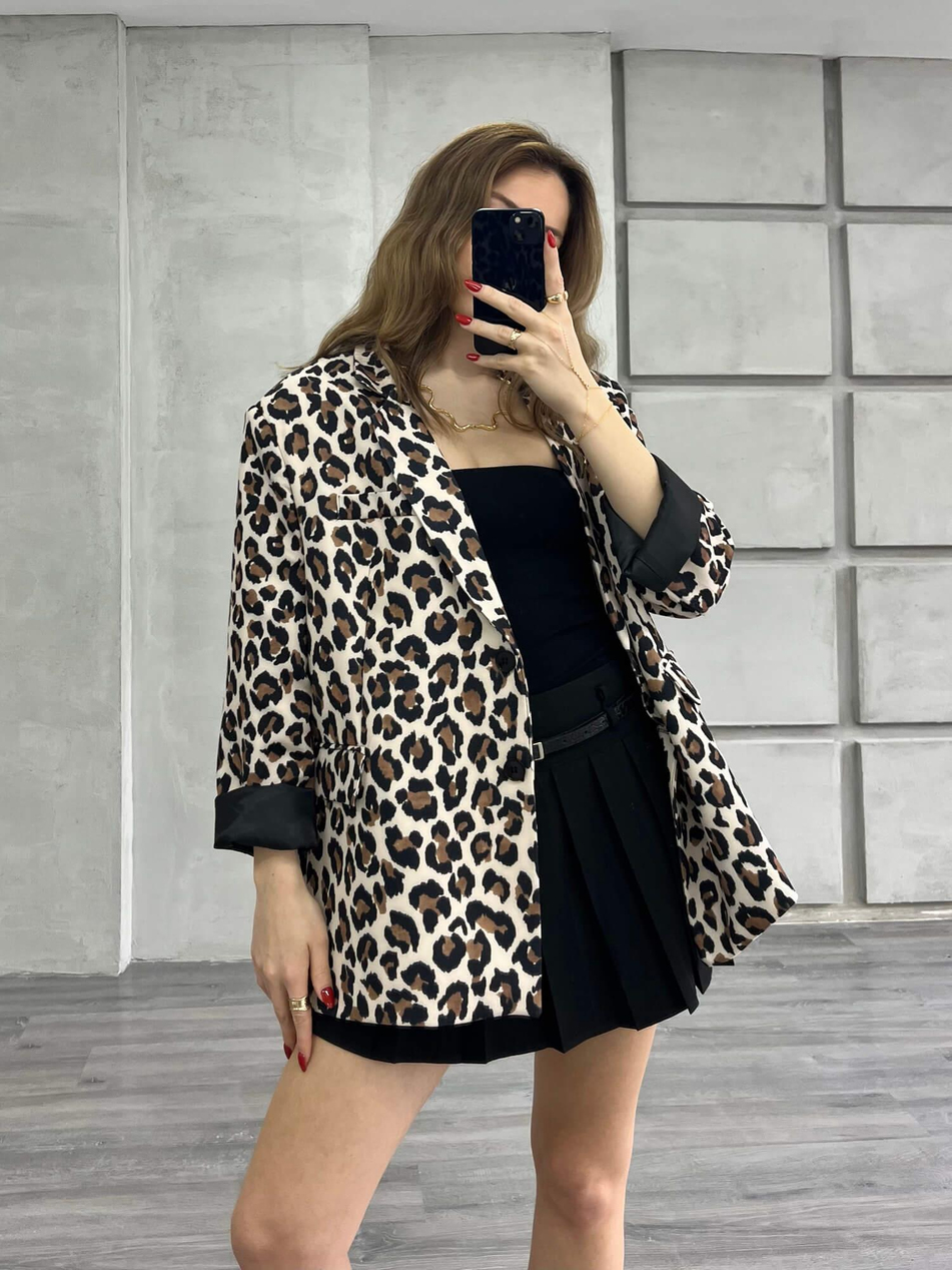 İki Düğmeli Leopar Desenli Ceket Kahve - Siyah-Coral