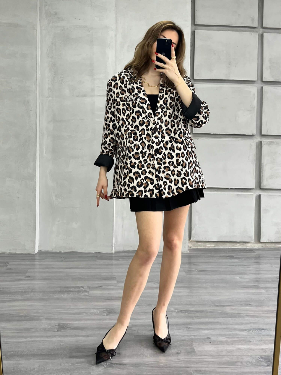 İki Düğmeli Leopar Desenli Ceket Kahve - Siyah-Coral