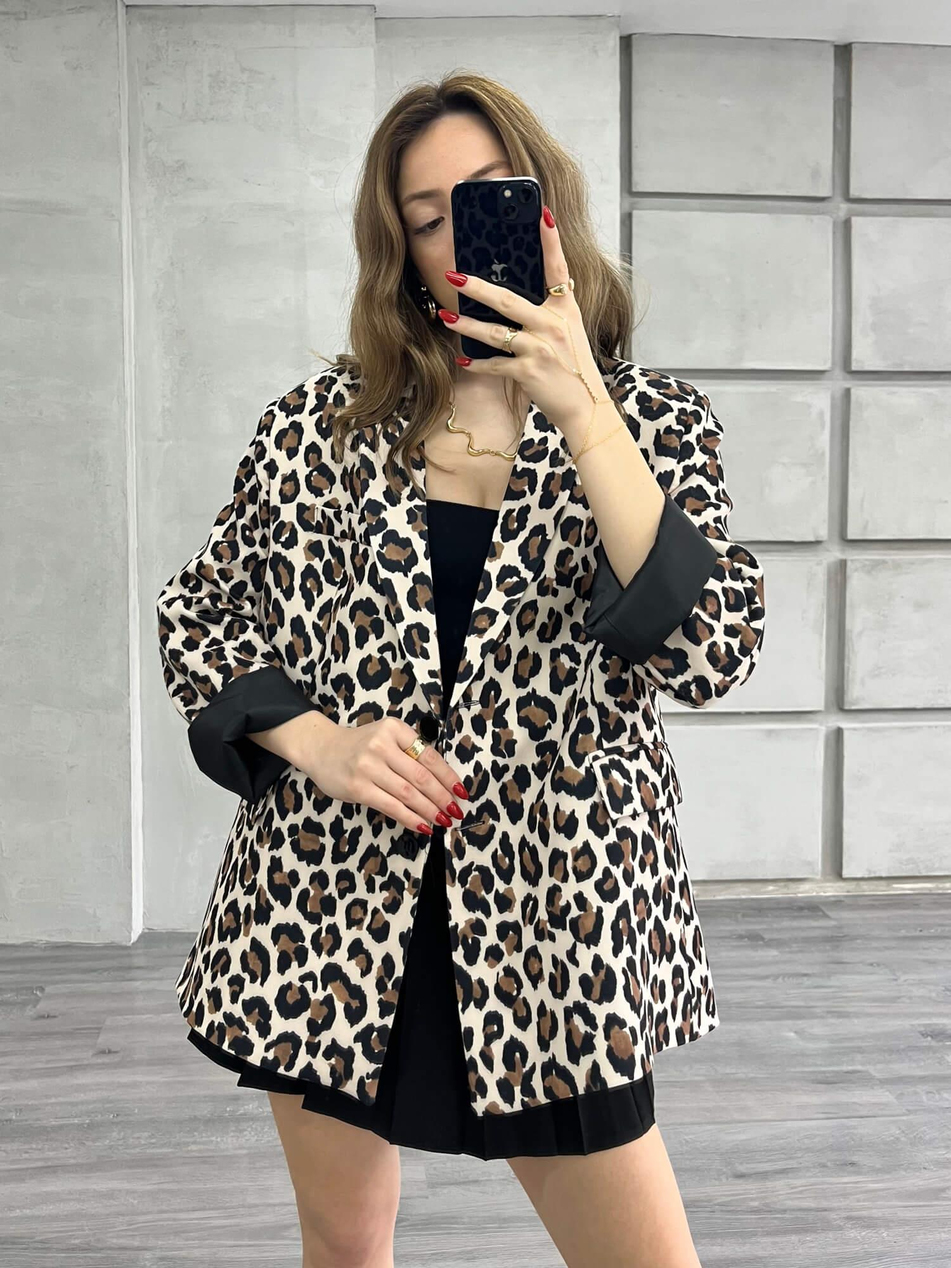 İki Düğmeli Leopar Desenli Ceket Kahve - Siyah-Coral