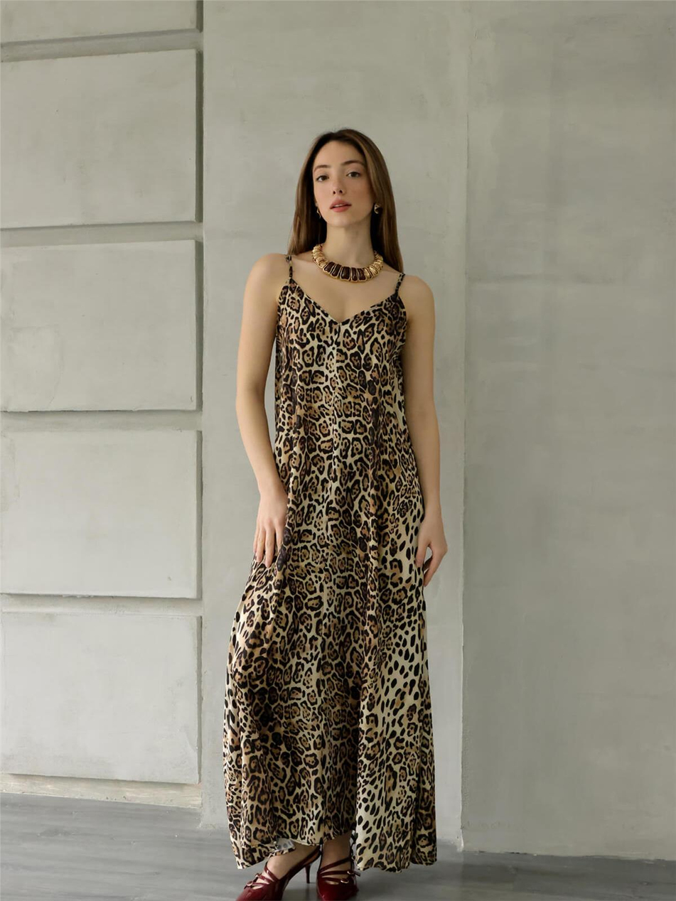 İnce Askılı Leopar Desenli Elbise Leopar-Coral