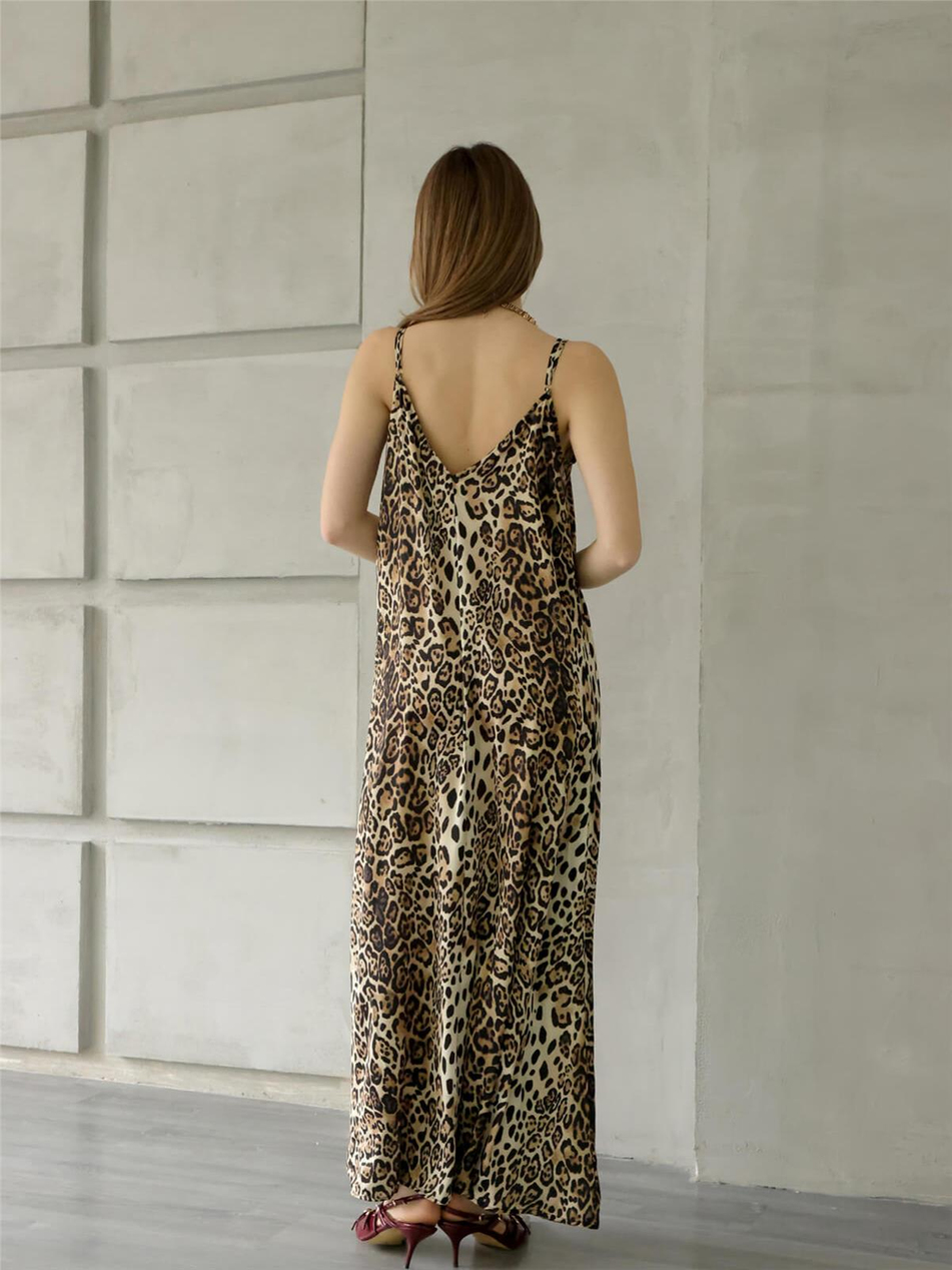 İnce Askılı Leopar Desenli Elbise Leopar-Coral