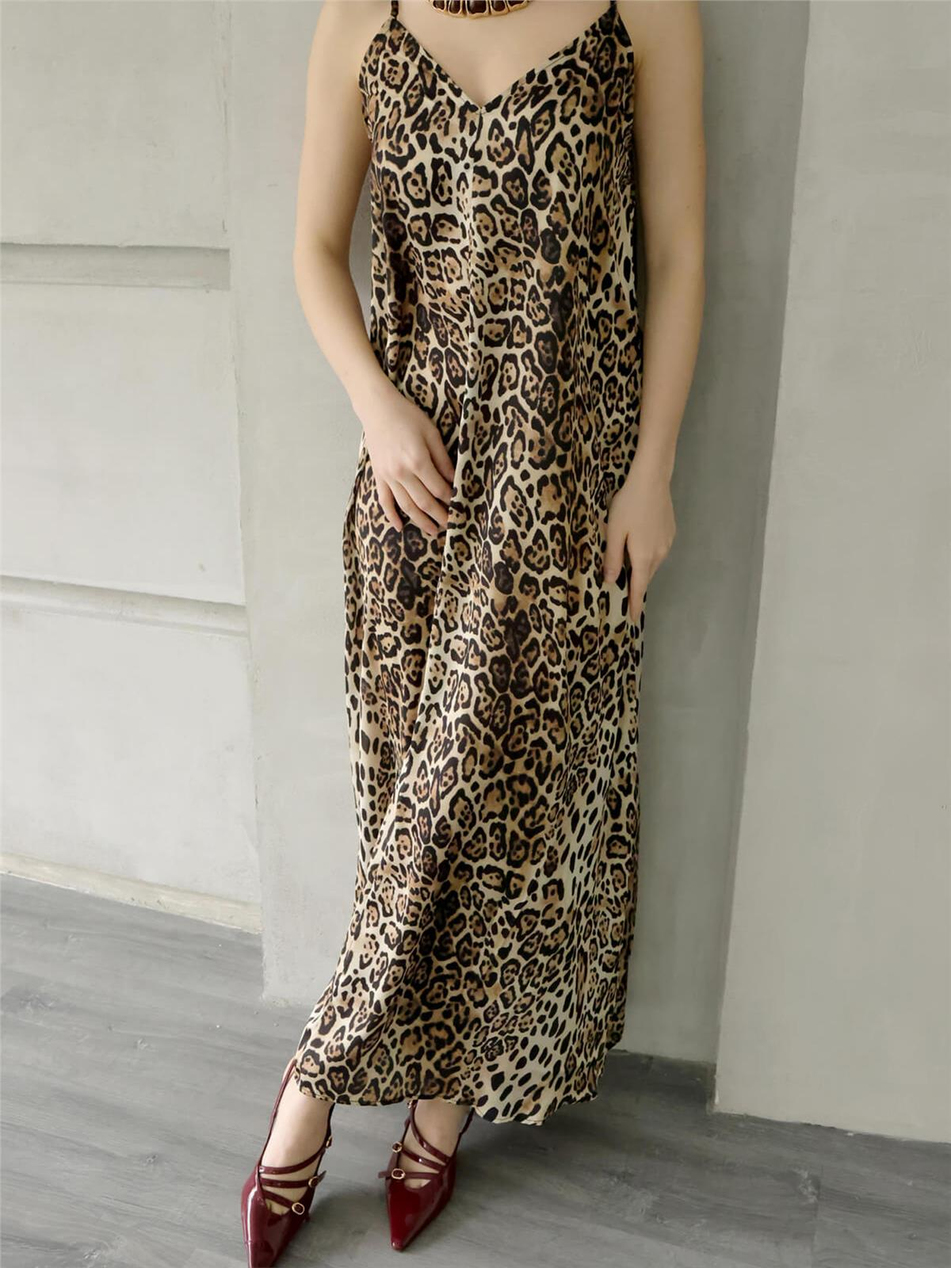 İnce Askılı Leopar Desenli Elbise Leopar-Coral