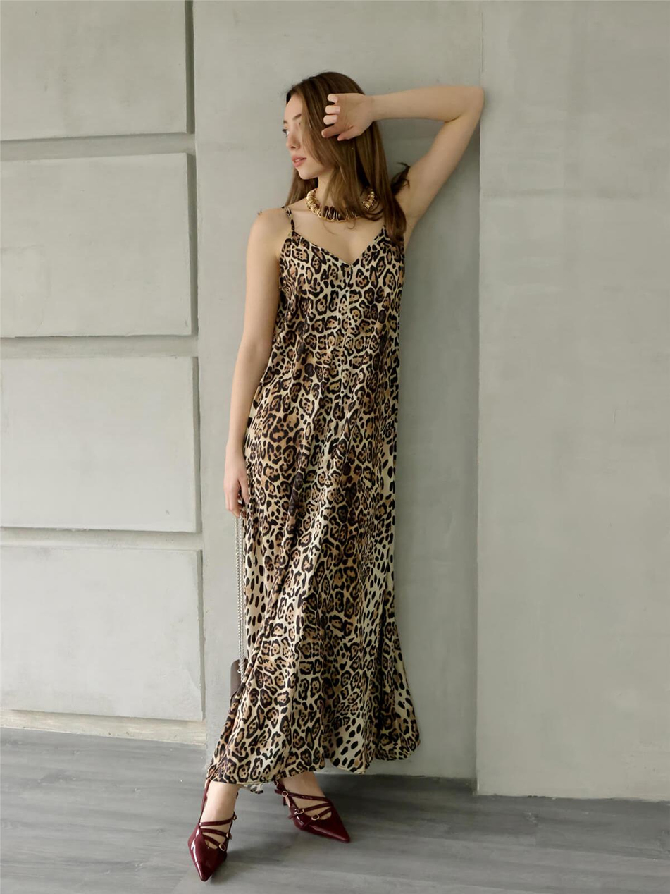 İnce Askılı Leopar Desenli Elbise Leopar-Coral