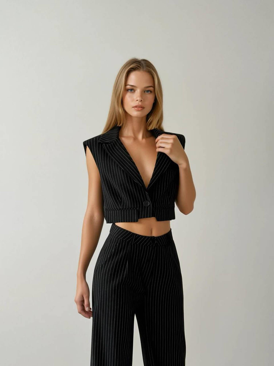 İnce Çizgili Ceket Pantolon Takım 6046 SiyahCoral