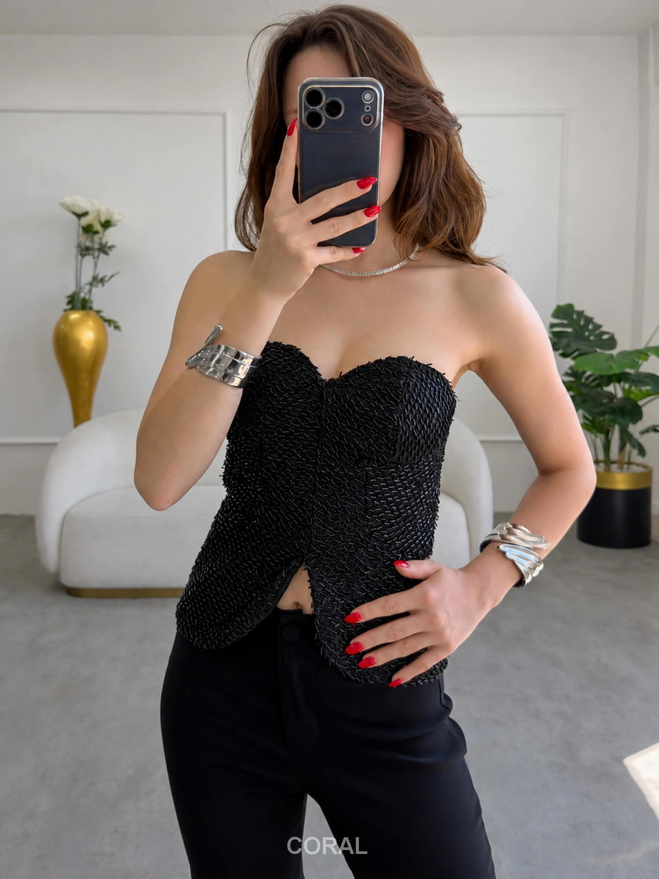 İnce Payetli Straplez Büstiyer 37644 SiyahCoral