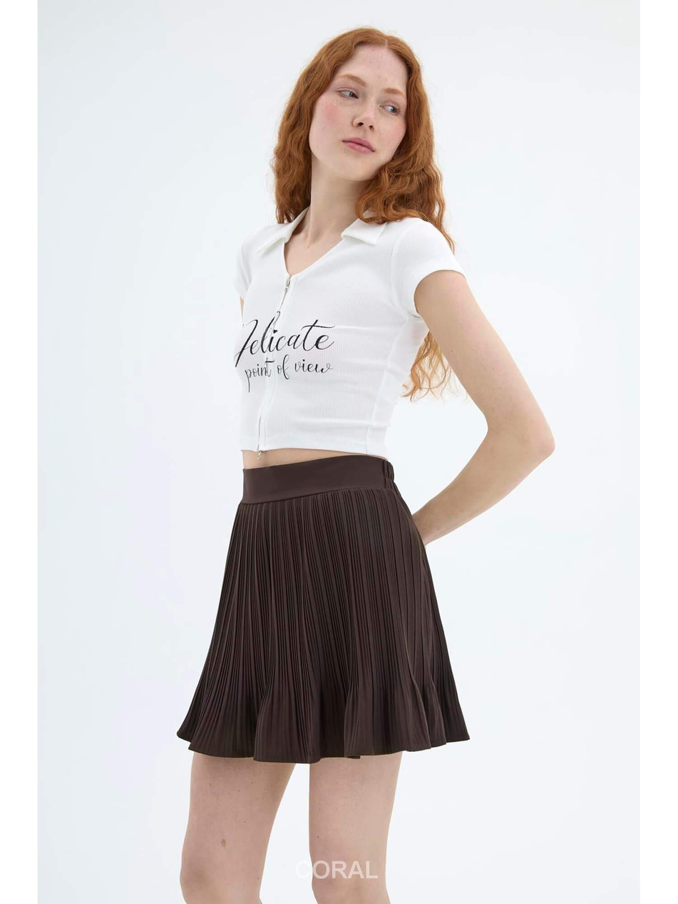 İnce Piliseli Mini Etek 41573 KahveCoral