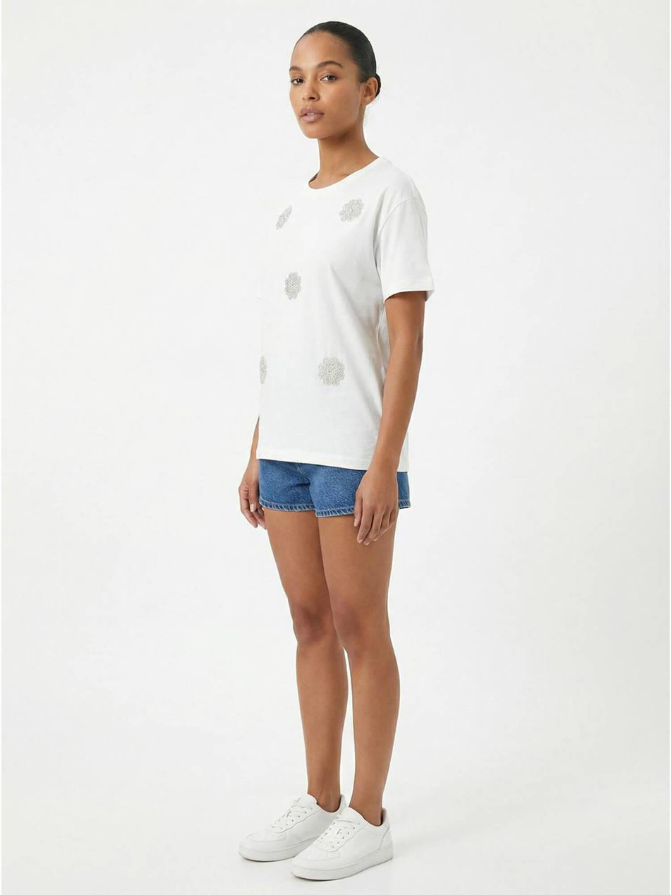 İncili Çiçek İşlemeli Tişört 7549 EkruCoral