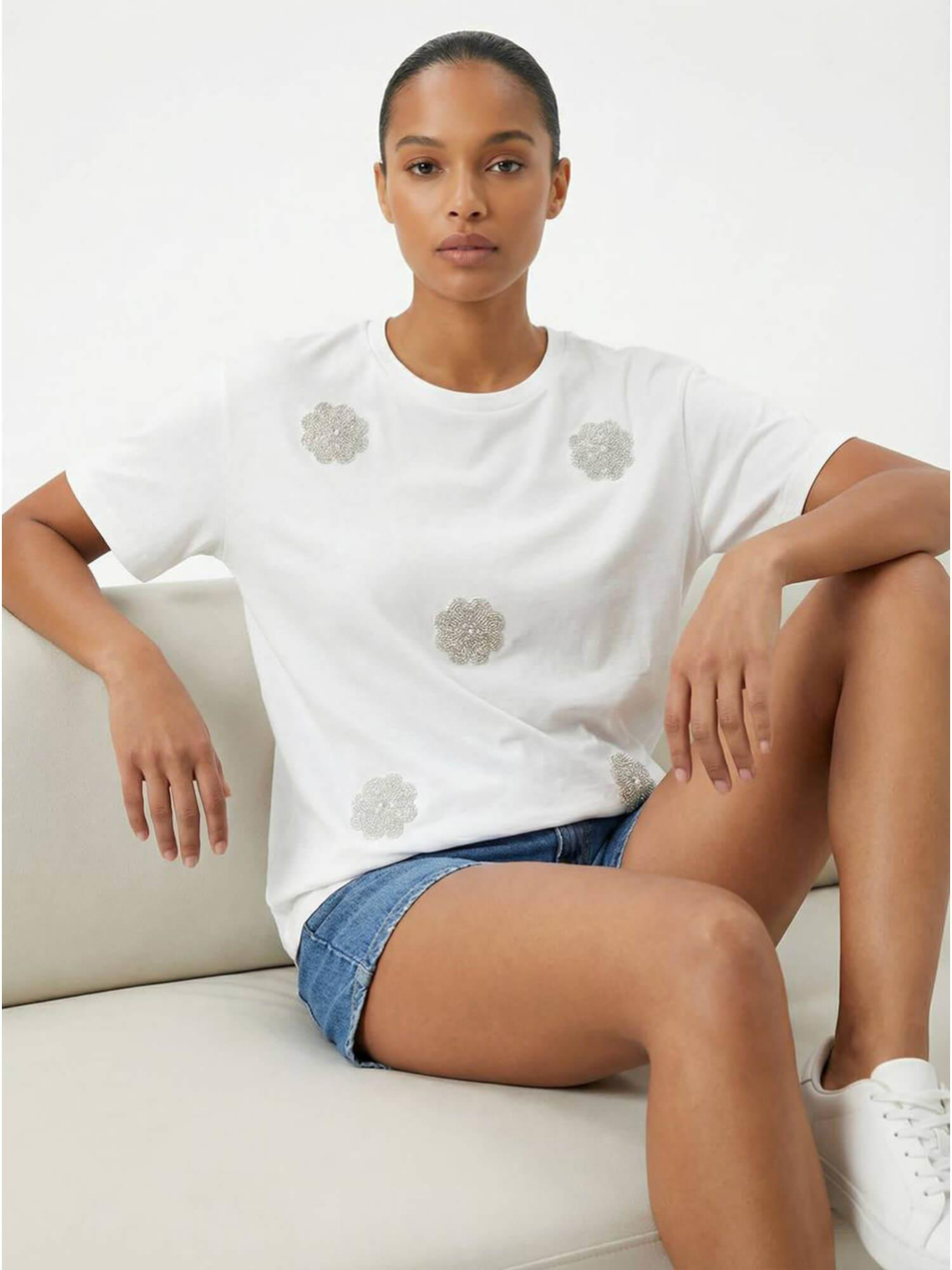 İncili Çiçek İşlemeli Tişört 7549 EkruCoral