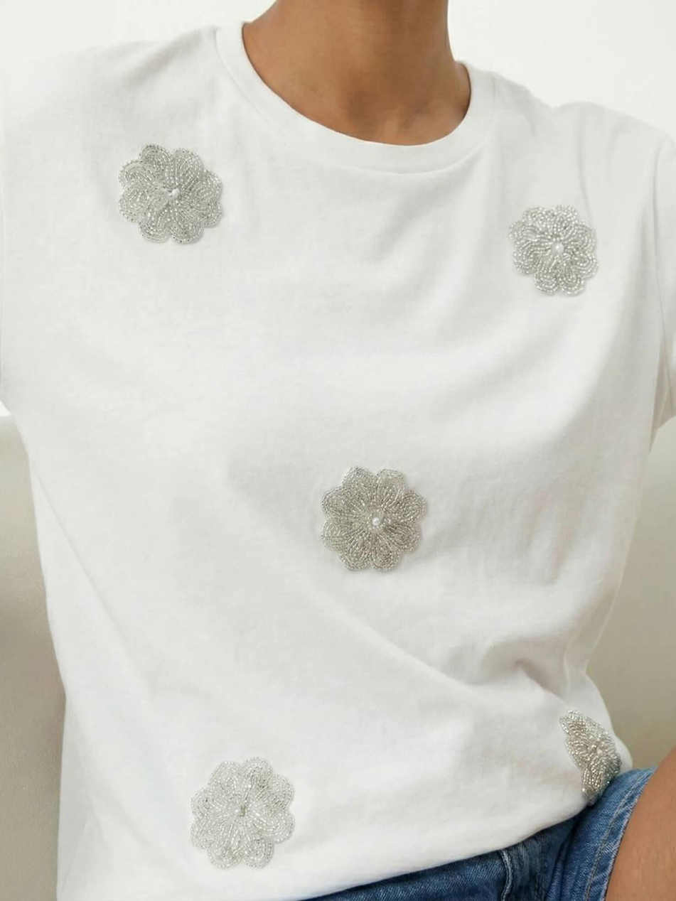 İncili Çiçek İşlemeli Tişört 7549 EkruCoral