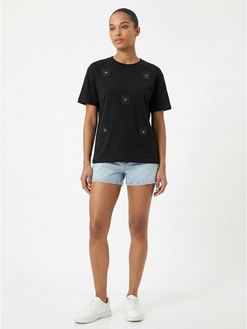 İncili Çiçek İşlemeli Tişört 7549 SiyahCoral