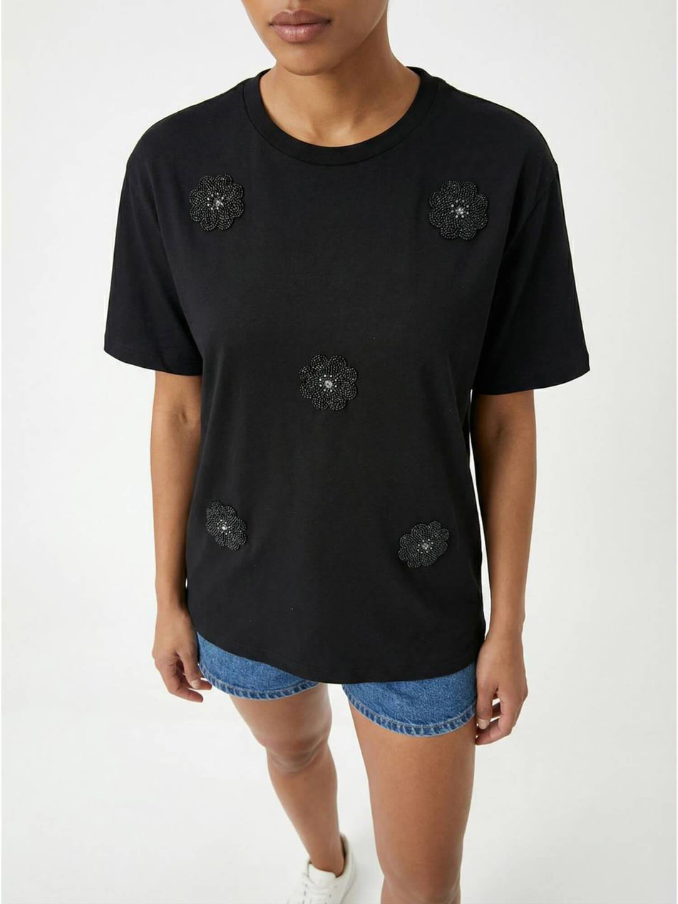 İncili Çiçek İşlemeli Tişört 7549 SiyahCoral