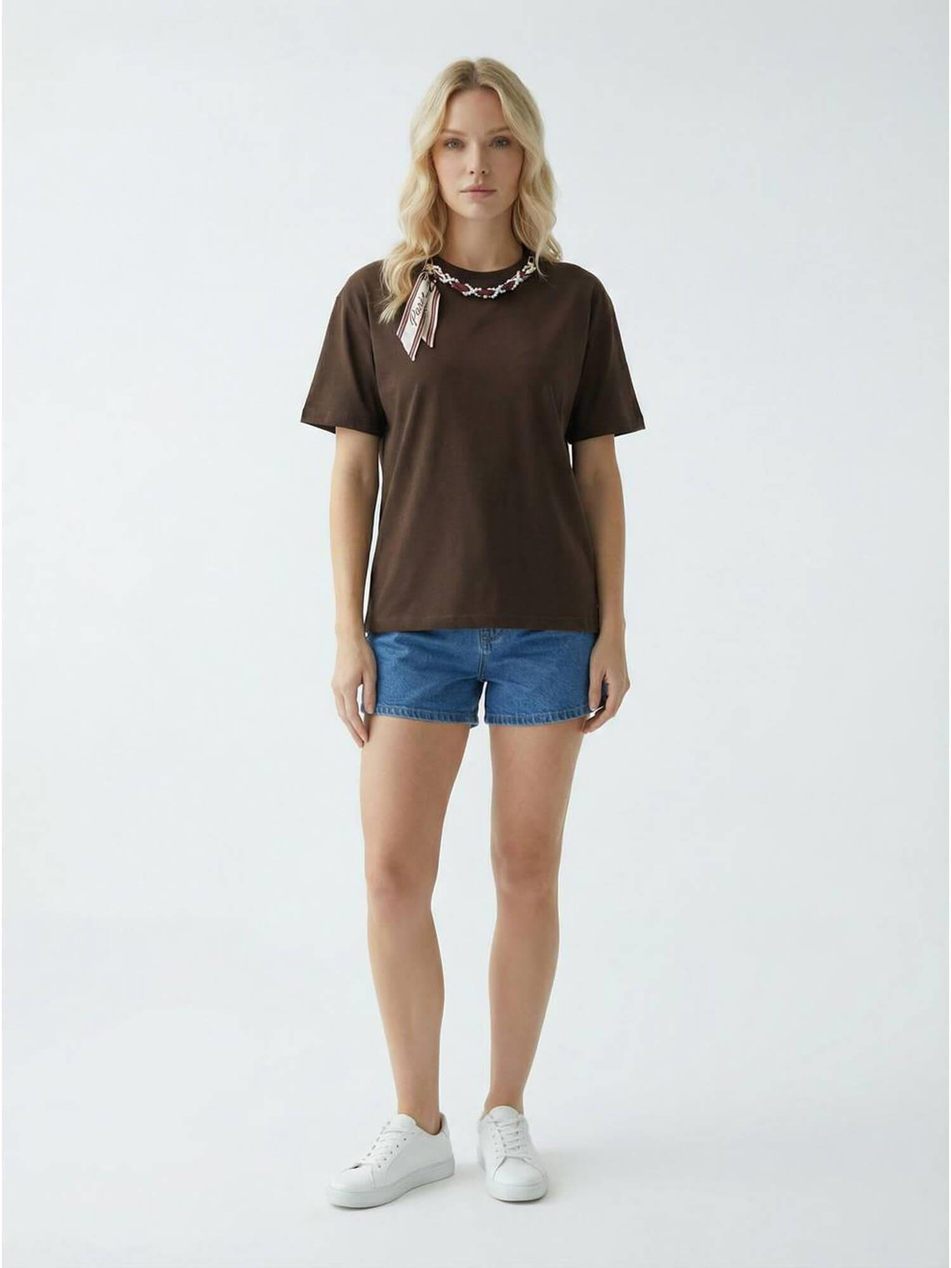 İncili Fularlı Tişört 7534 KahveCoral