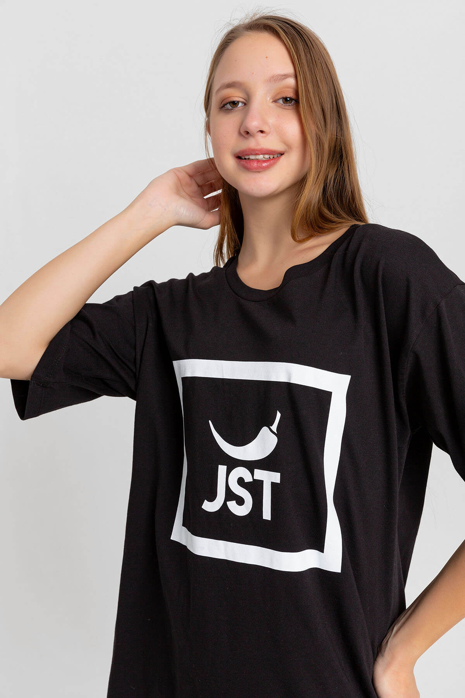 Jst Baskılı T-Shirt Siyah-Coral