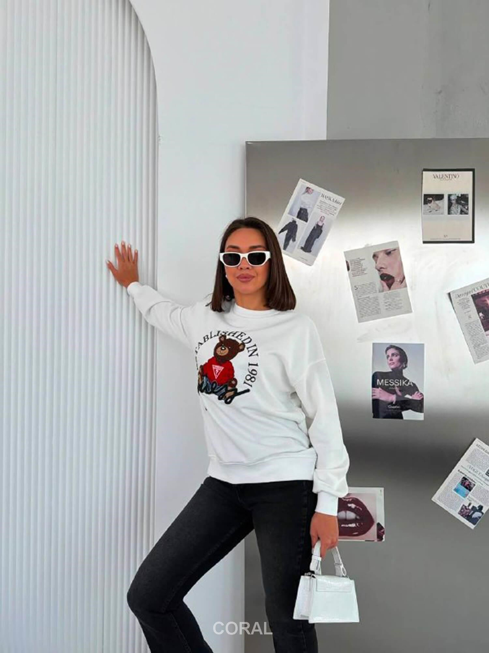 Kabartmalı Ayıcık Baskılı Sweatshirt 5912 BeyazCoral