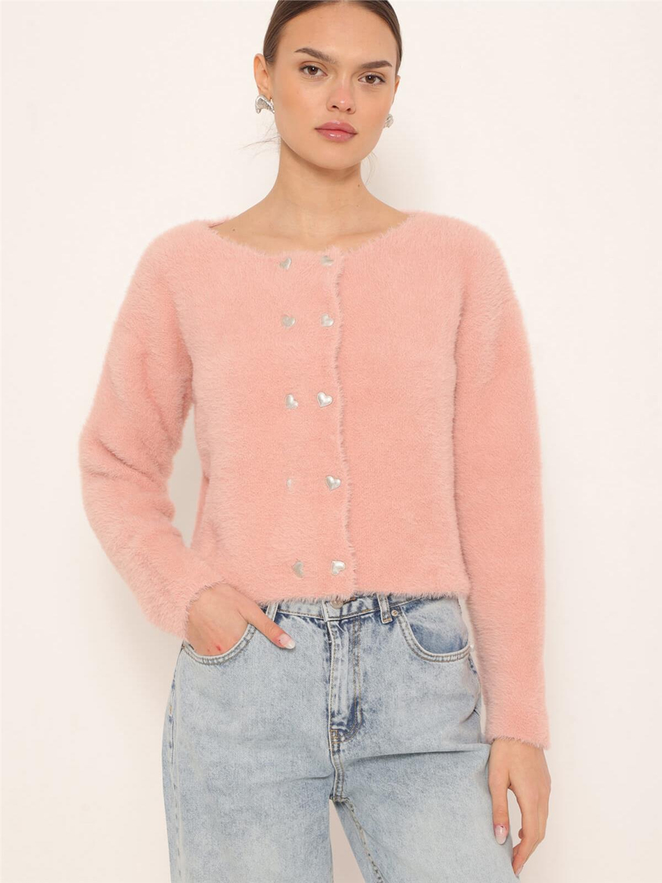 Kalp Düğmeli Yumoş Hırka Pudra-Coral