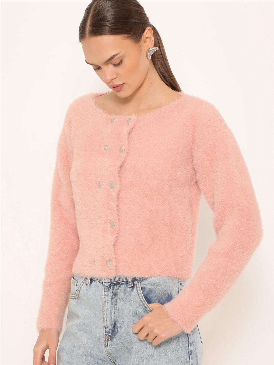 Kalp Düğmeli Yumoş Hırka Pudra-Coral