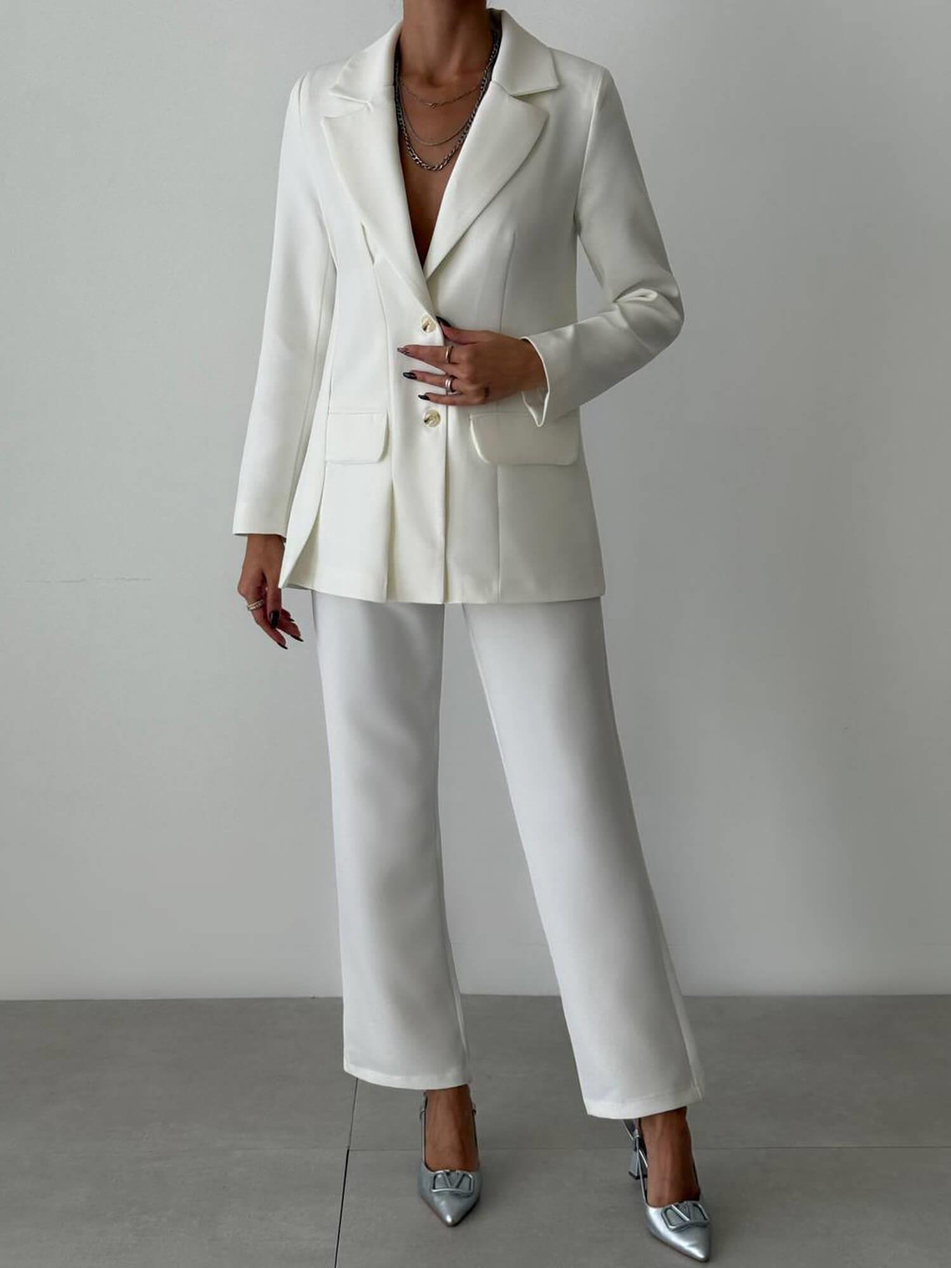 Kapaklı Cep Detaylı Ceket Pantolon Takım 11874 BeyazCoral
