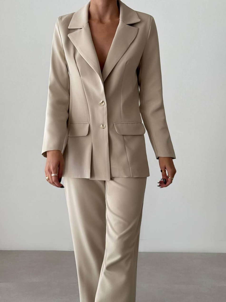 Kapaklı Cep Detaylı Ceket Pantolon Takım 11874 BejCoral