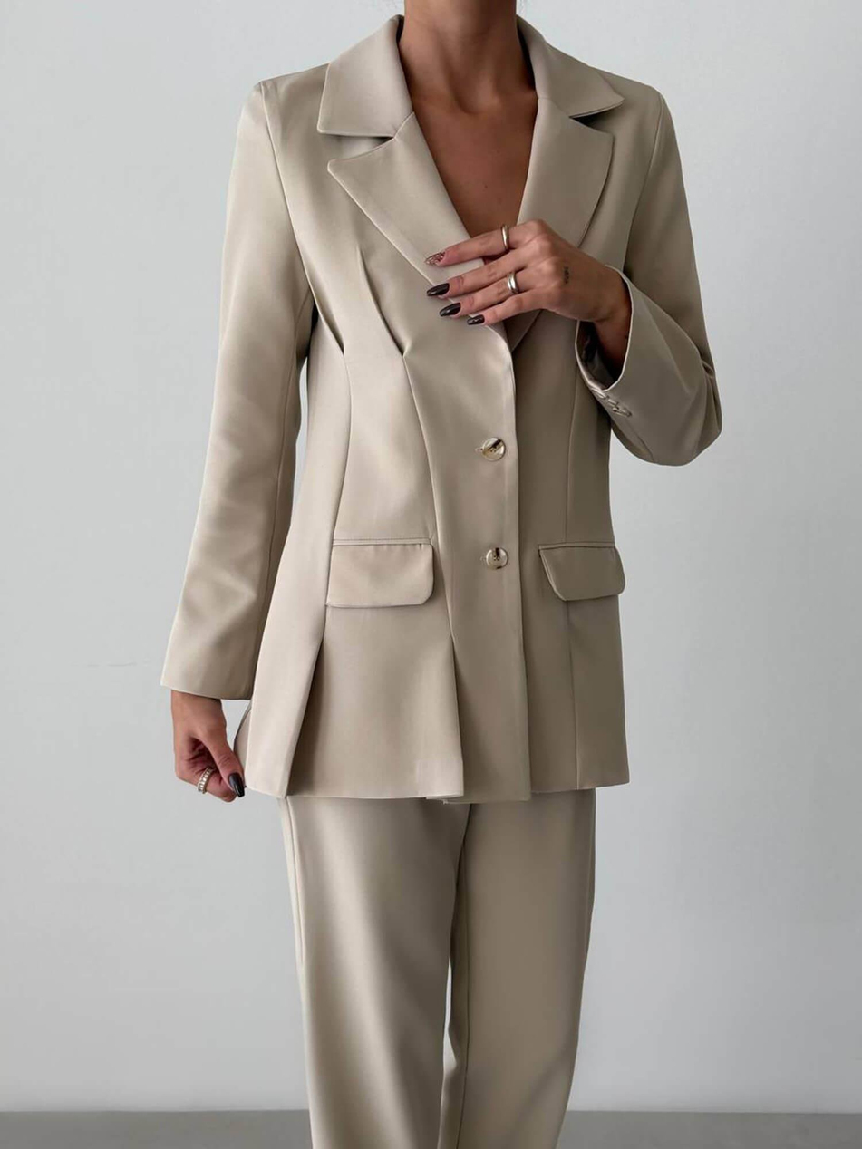 Kapaklı Cep Detaylı Ceket Pantolon Takım 11874 BejCoral